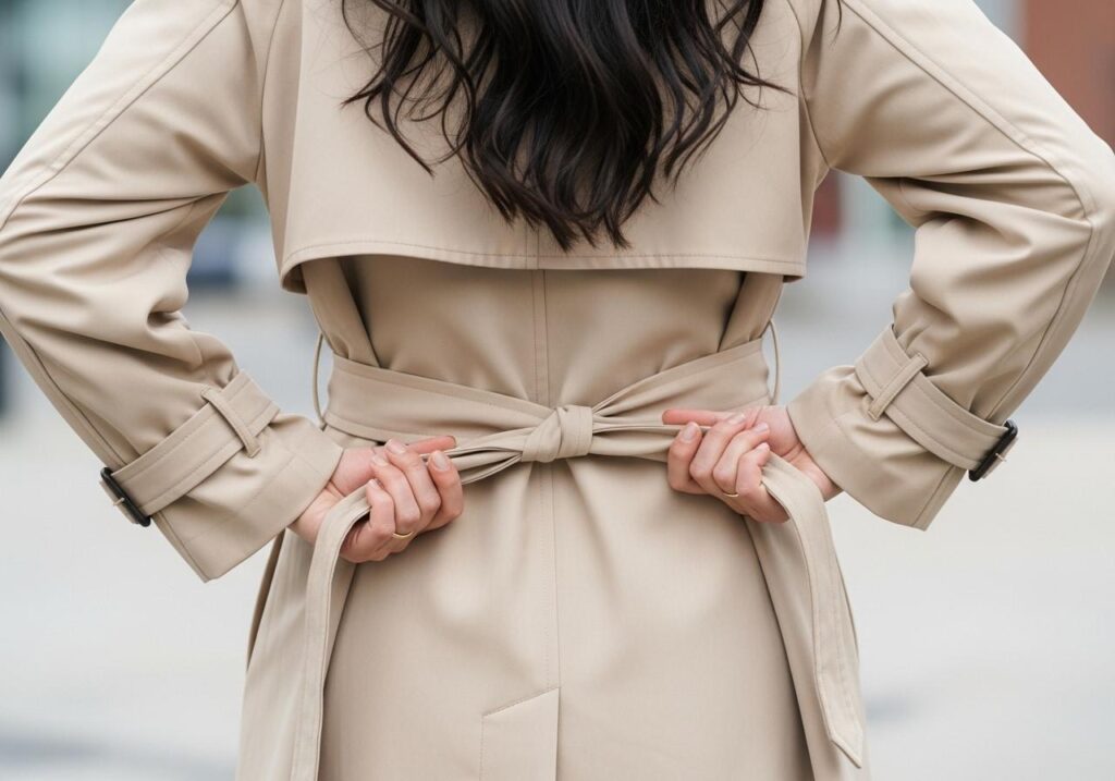 Kobieta wiążąca płaszcz z tyłu