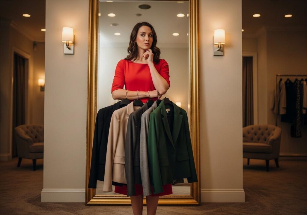 Kobieta zastanawiająca się nad kolorem żakietu do czerwonej sukienki