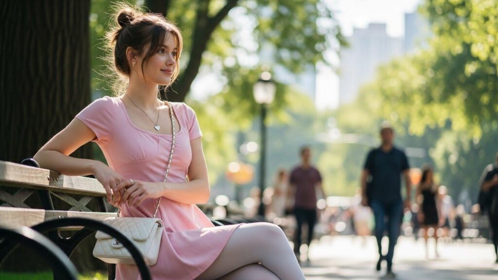 Kobieta w różowej sukience i białych rajstopach