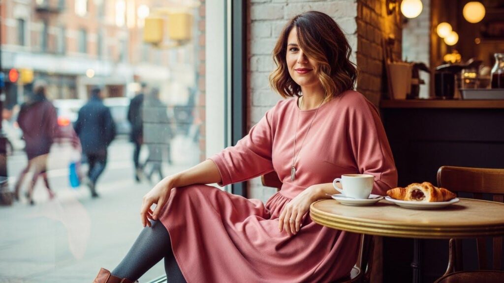 Kobieta w różowej  "dusty pink" sukience i szarych rajstopach