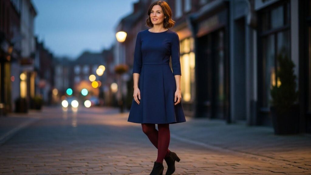 Kobieta w granatowej sukience i burgundowych rajstopach