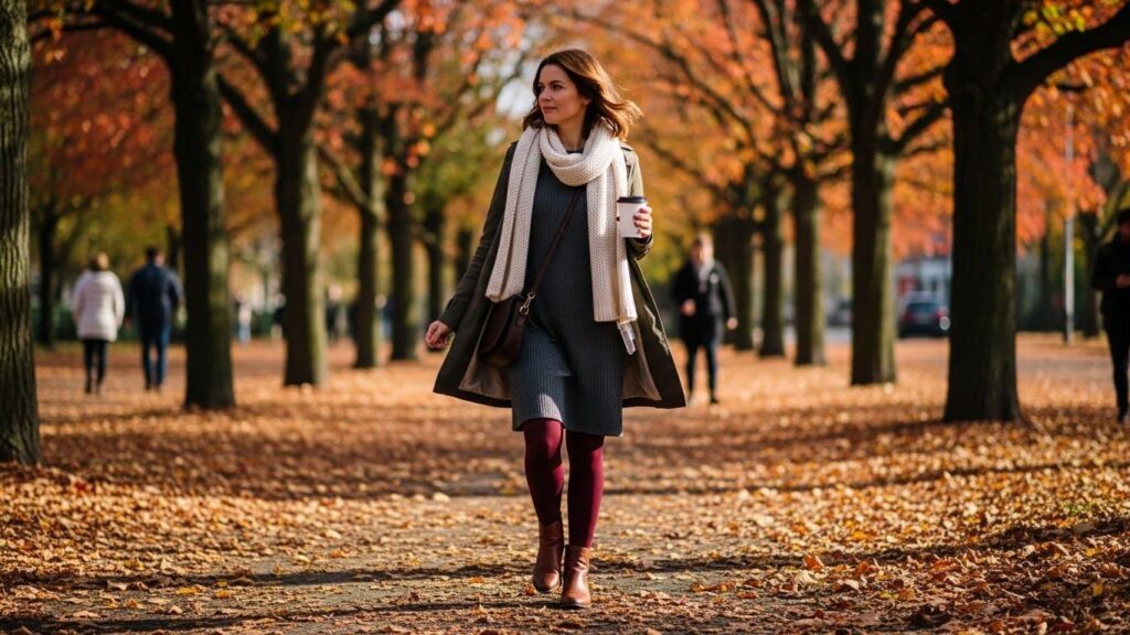 Kobieta w szarej sukience i burgundowych rajstopach