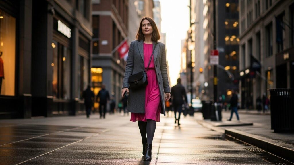 Kobieta w różowej sukience i ciemnych rajstopach