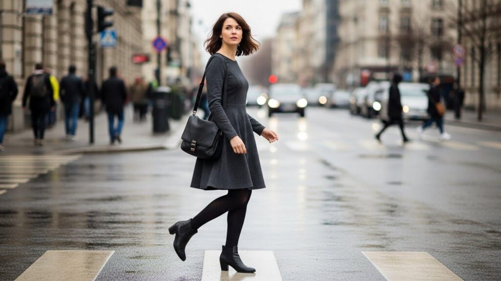 Kobieta w ciemnoszarej sukience i czarnych rajstopach