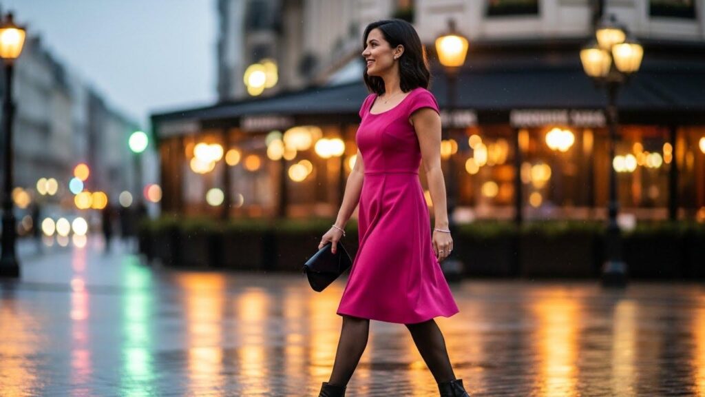 Kobieta w różowej sukience i czarnych rajstopach