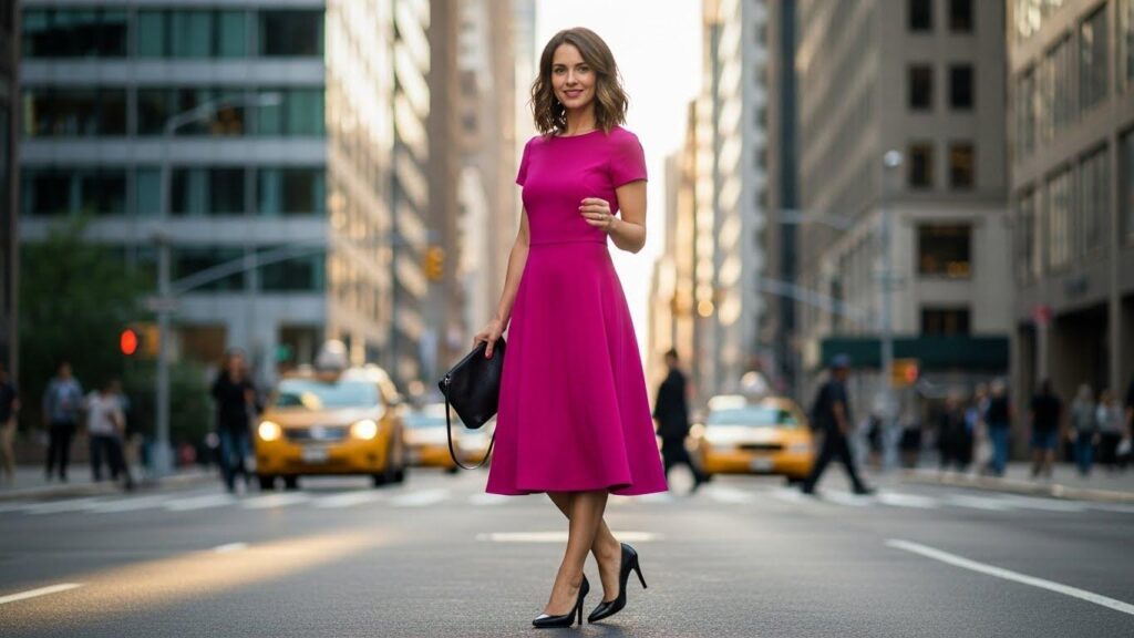 Kobieta w fuksjowej sukience i czarnych butach 