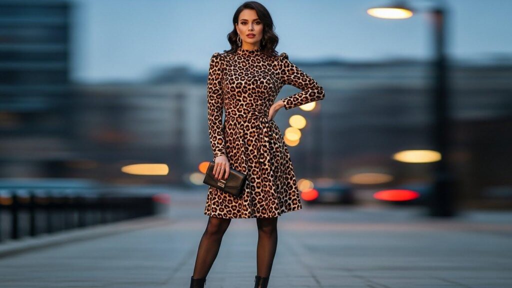 Kobieta w sukience w panterkę i czarnych rajstopach