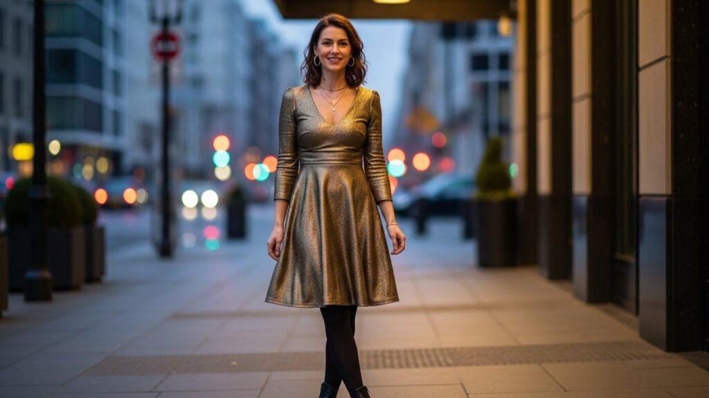 Kobieta w złotej sukience i czarnych rajstopach 