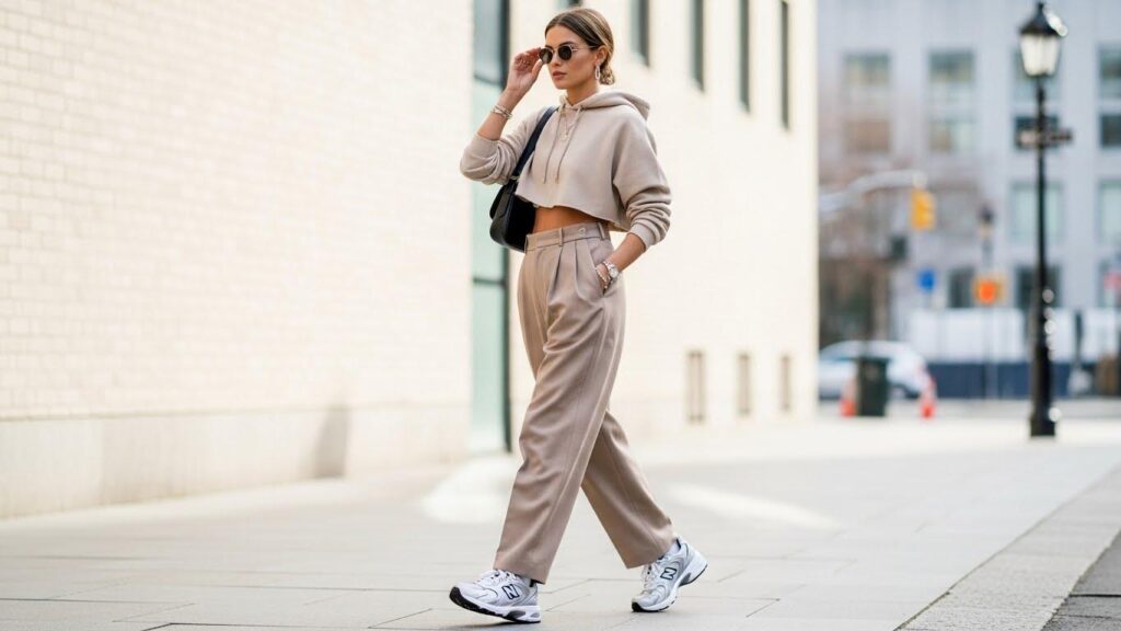 Kobieta w stylizacji w spodniach loose fit i new balance 530