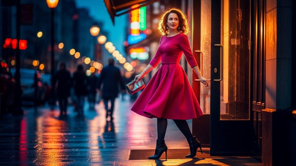 Kobieta w intensywnie różowej sukience i ciemnych rajstopach