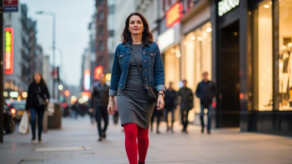 Kobieta w szarej sukience i zielonych rajstopach