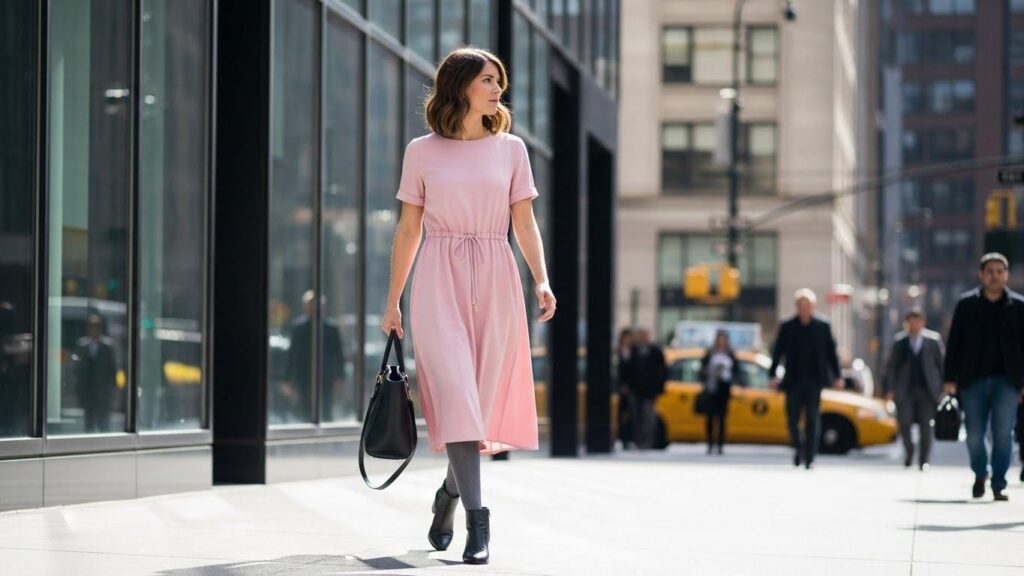 Kobieta w różowej sukience i grafitowych rajstopach