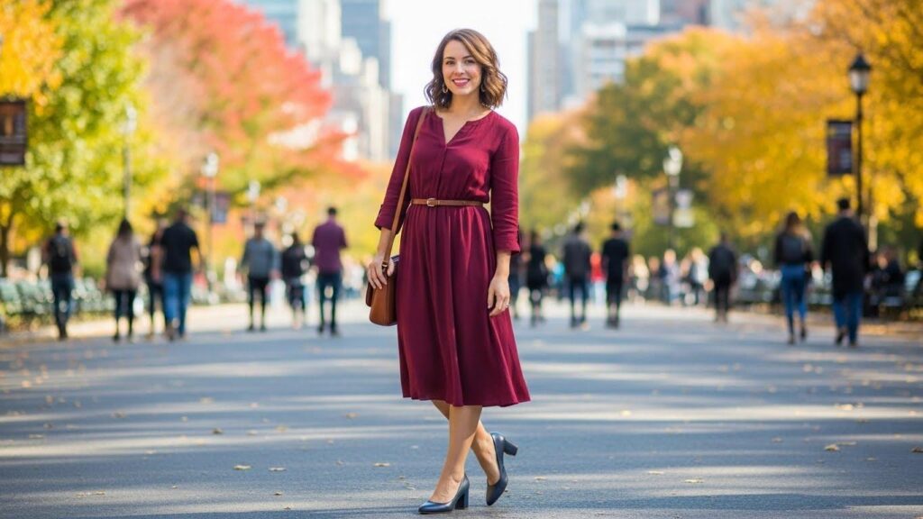 Kobieta w bordowej sukience i granatowych butach