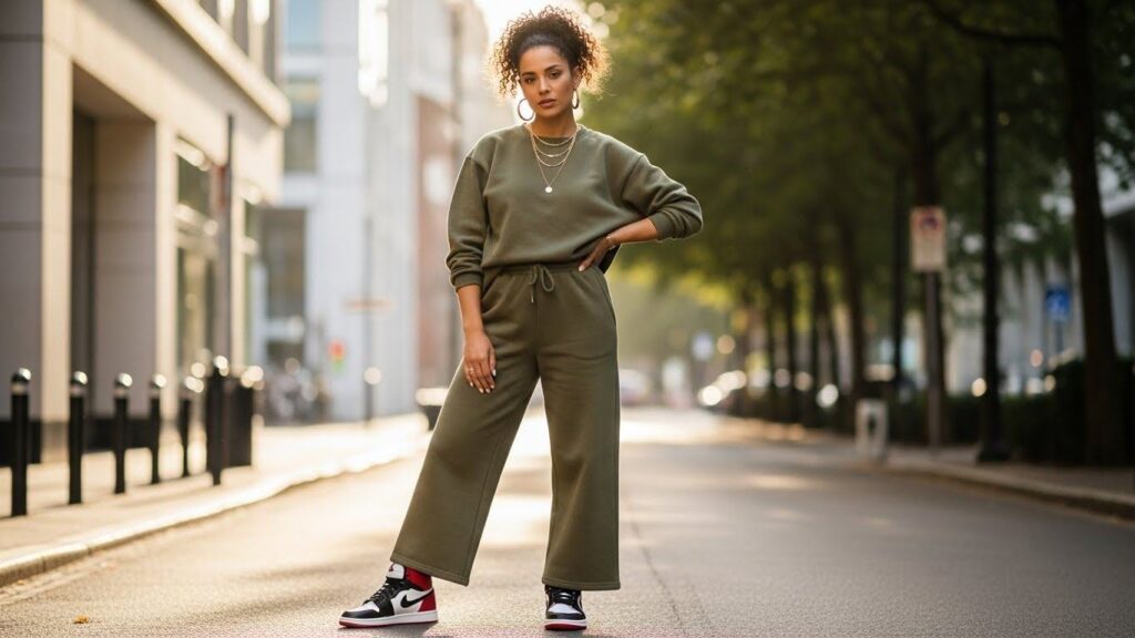 Kobieta w stylizacji z szerokimi spodniami dresowymi i butach jordan