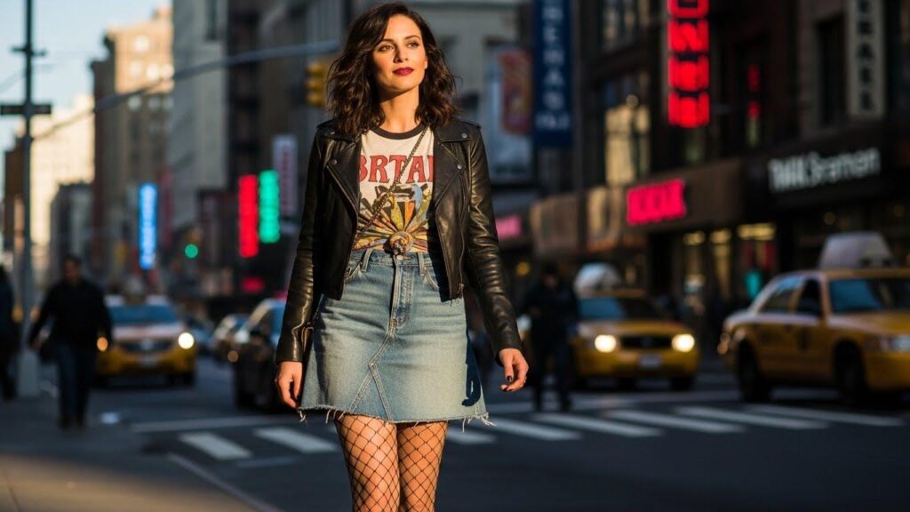 Kobieta w jeansowej spódnicy i kabaretkach