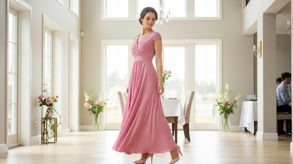 Kobieta w różowej sukience i cielistych rajstopach