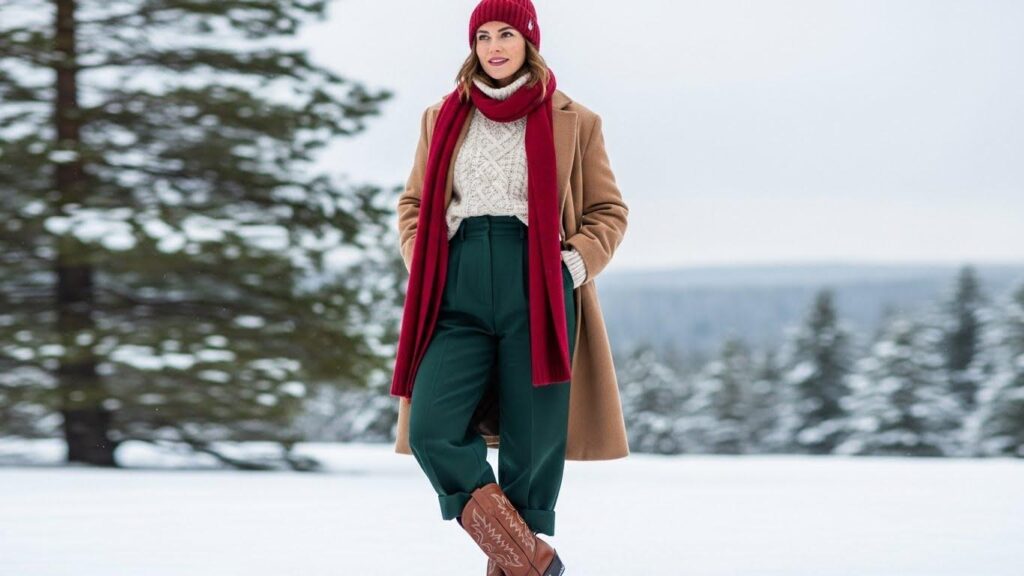 Kobieta w zimowej stylizacji z szerokimi spodniami i w kowbojkach
