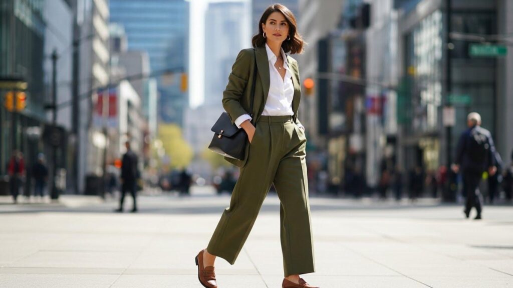 Kobieta w stylizacji z szerokimi spodniami garniturowymi i loafersach