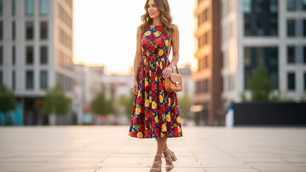 Kobieta w sukience midi, sandałkach z paskami i w cielistych rajstopach