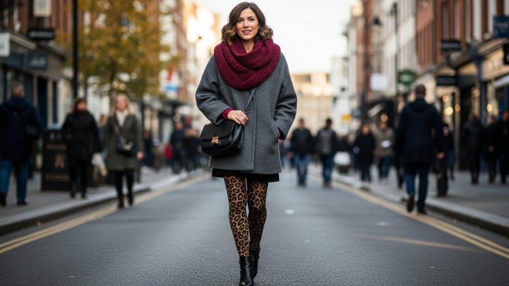 Kobieta w wełnianym płaszczu, spódniczce mini  i rajstopach w panterkę