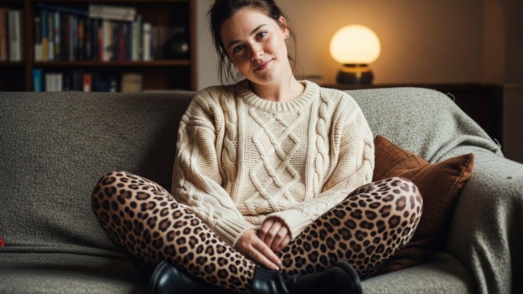 Kobieta w oversizowym swetrze  i rajstopach w panterkę