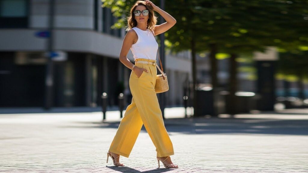 Kobieta w letniej stylizacji z szerokimi spodniami garniturowymi i sandałach na słupku
