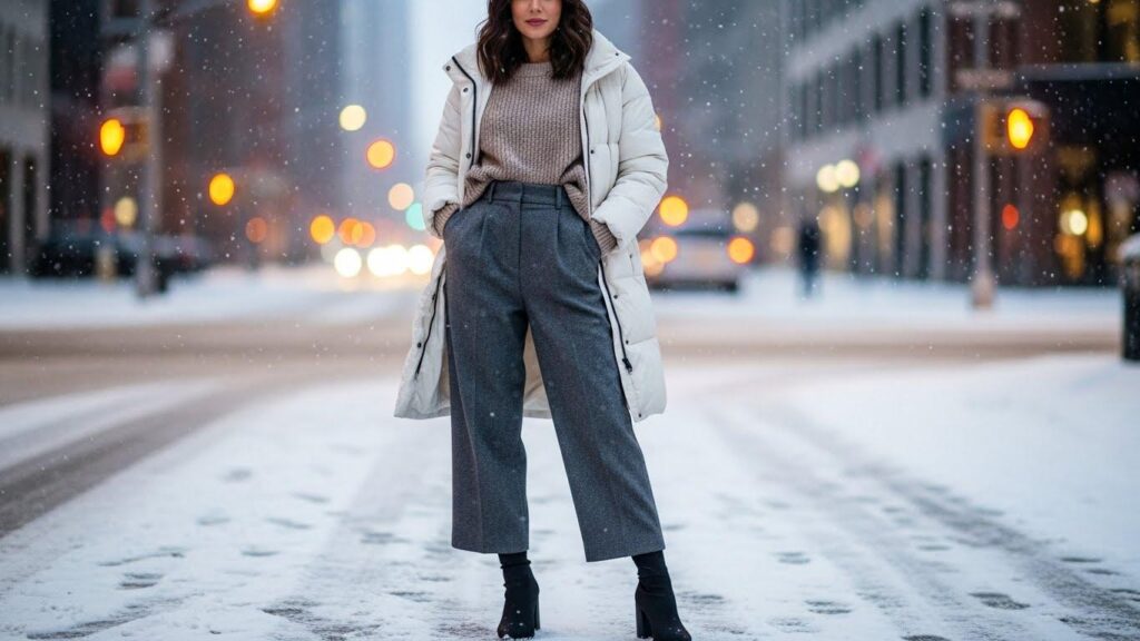 Kobieta w zimowej stylizacji z szerokimi spodniami i w butach typu sock boots
