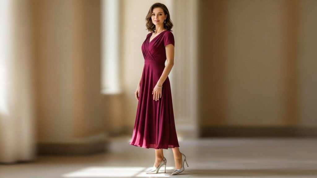 Kobieta w bordowej sukience i srebrnych butach