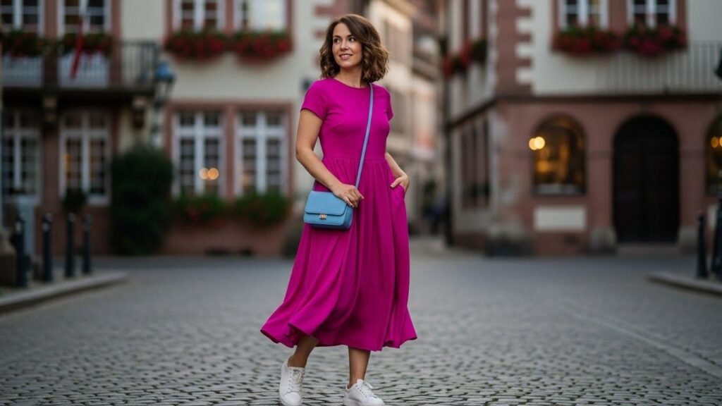 Kobieta w fuksjowej sukience i trampkach