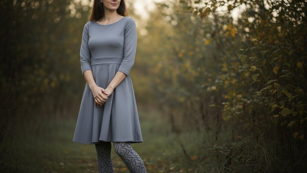Kobieta w szarej sukience i szarych rajstopach z wzorami