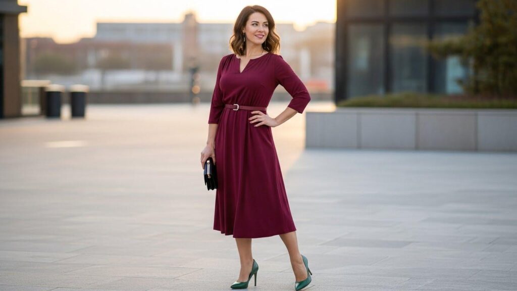 Kobieta w bordowej sukience i butelkowo zielonych butach