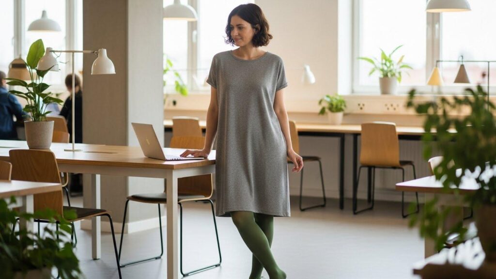 Kobieta w szarej sukience i zielonych rajstopach