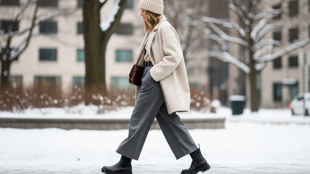 Kobieta w zimowej stylizacji z szerokimi spodniami