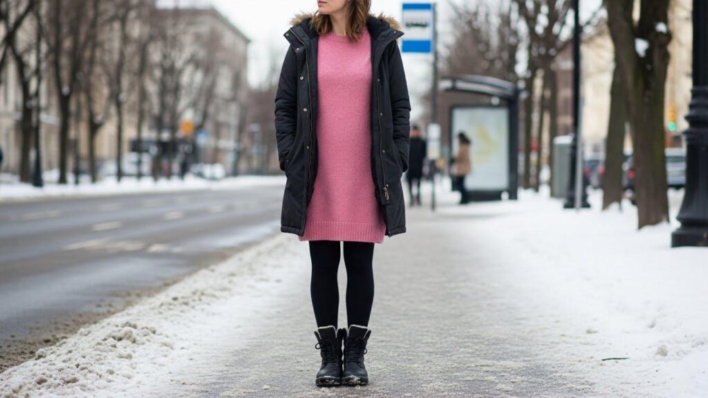 Kobieta w różowej sukience i ciemnych rajstopach w stylizacji zimowej