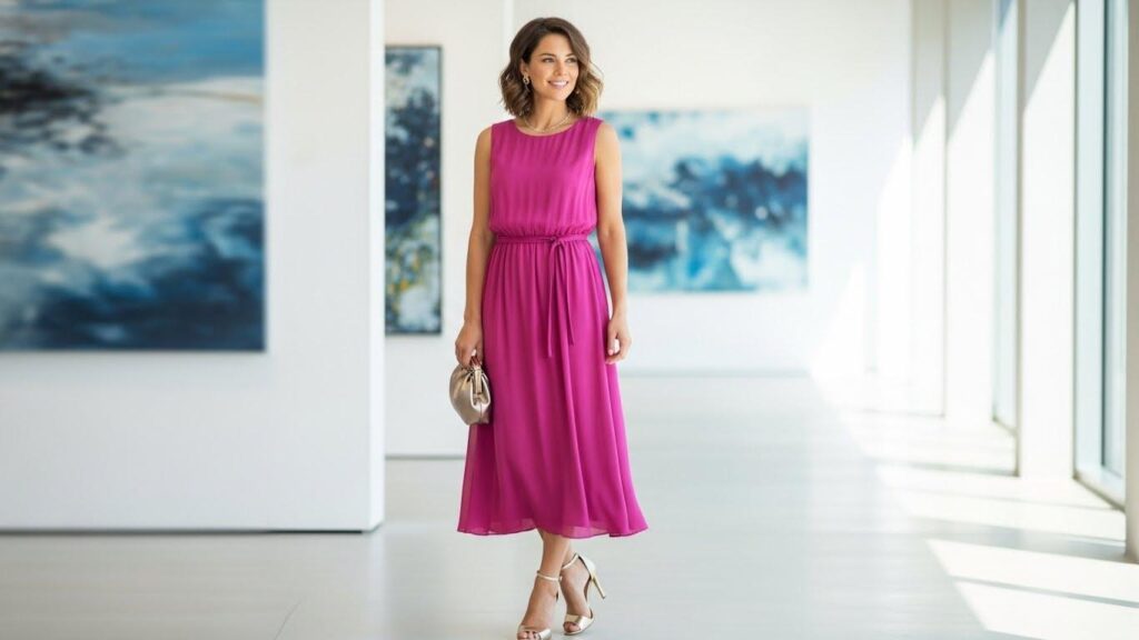 Kobieta w fuksjowej sukience i złotych butach 