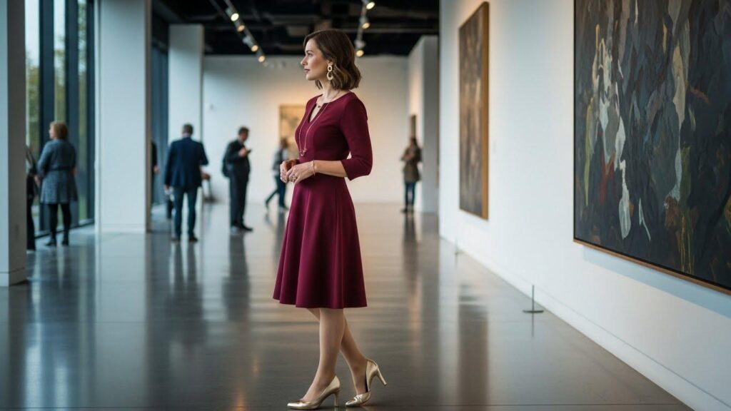 Kobieta w bordowej sukience i złotych butach