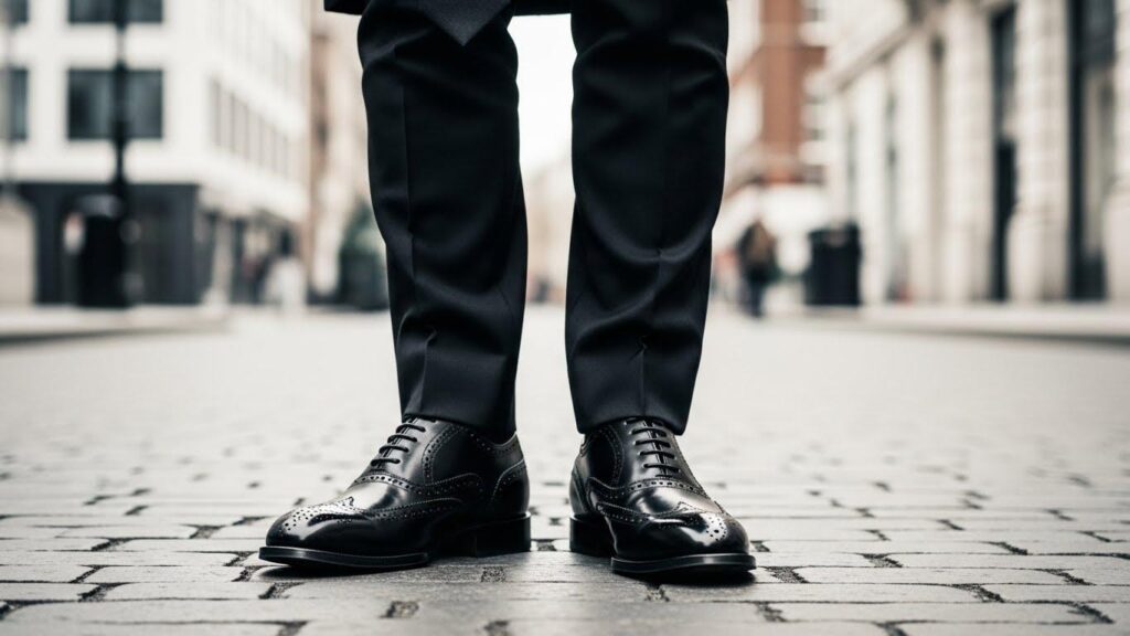 Mężczyzna w czarnym garniturze i czarnych Brogues 