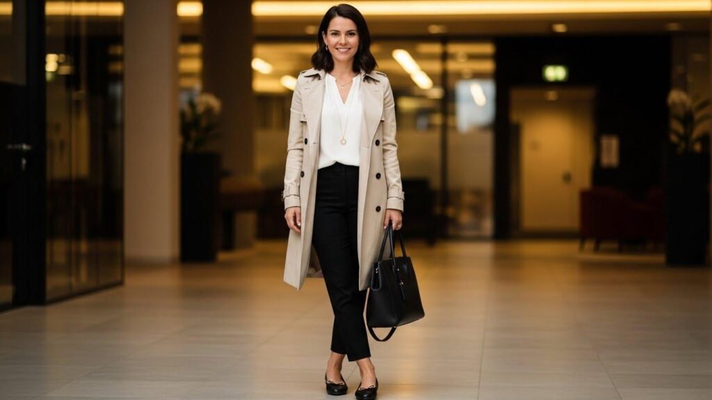 Kobieta w beżowym płaszczu i balerinach