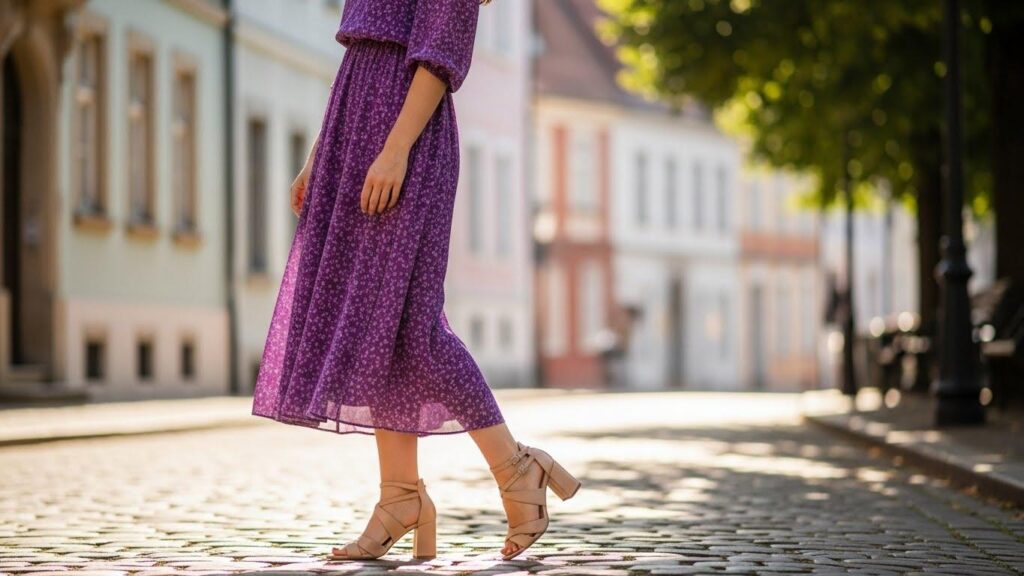 Kobieta w fioletowej sukience i beżowych butach