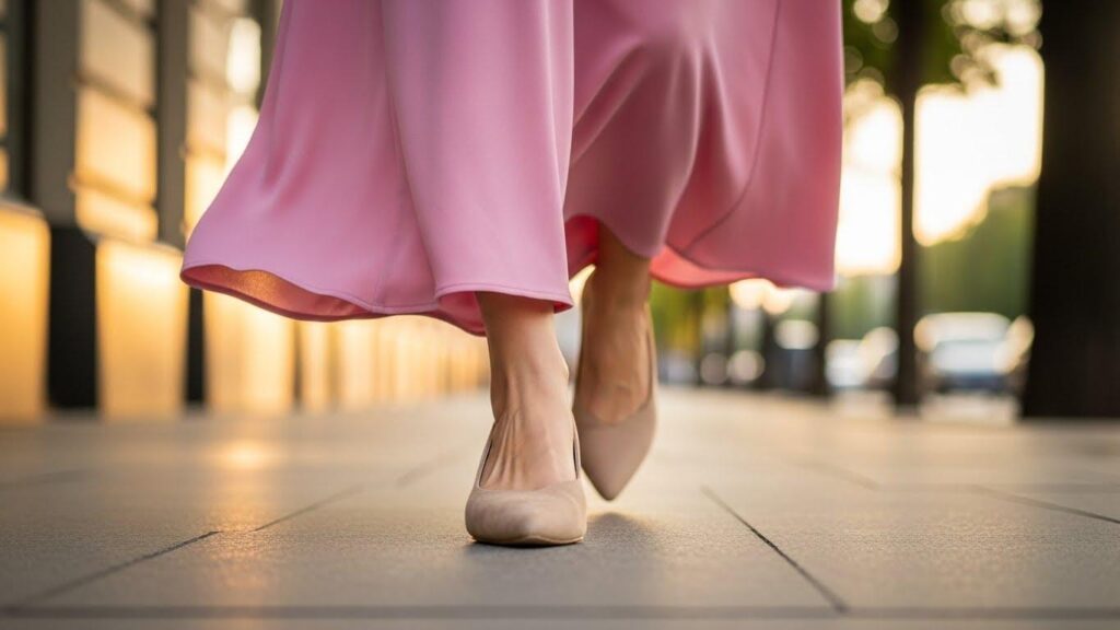 Kobieta w pudrowo-różowej sukience i beżowych butach