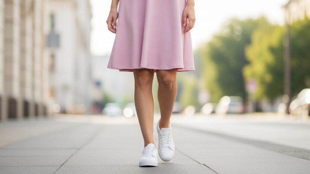 Kobieta w pudrowo-różowej sukience i białych trampkach