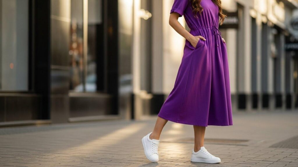 Kobieta w fioletowej sukience i białych butach