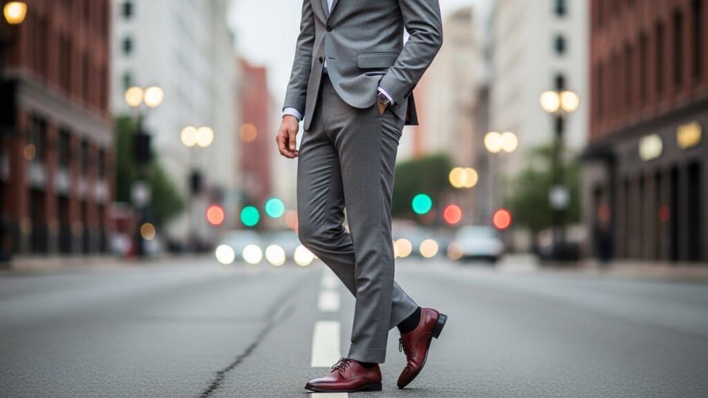 Mężczyzna w jasnoszarym garniturze i bordowych butach