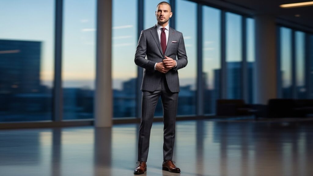 Mężczyzna w ciemnoszarym garniturze i ciemno brązowych butach