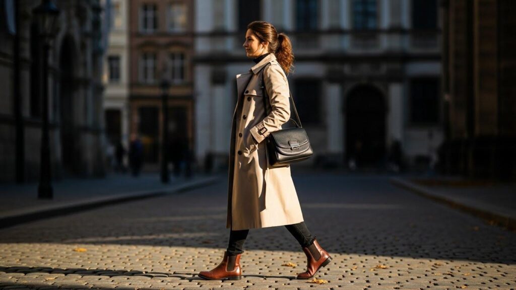 Kobieta w beżowym płaszczu i brązowych sztybletach