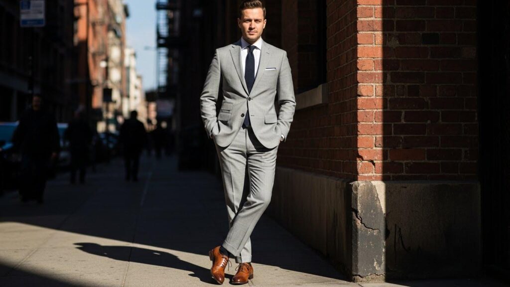 Mężczyzna w szarym garniturze i brogsach