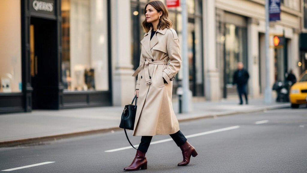 Kobieta w beżowym płaszczu i burgundowych butach