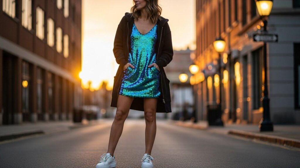 Kobieta w cekinowej sukience i białych trampkach