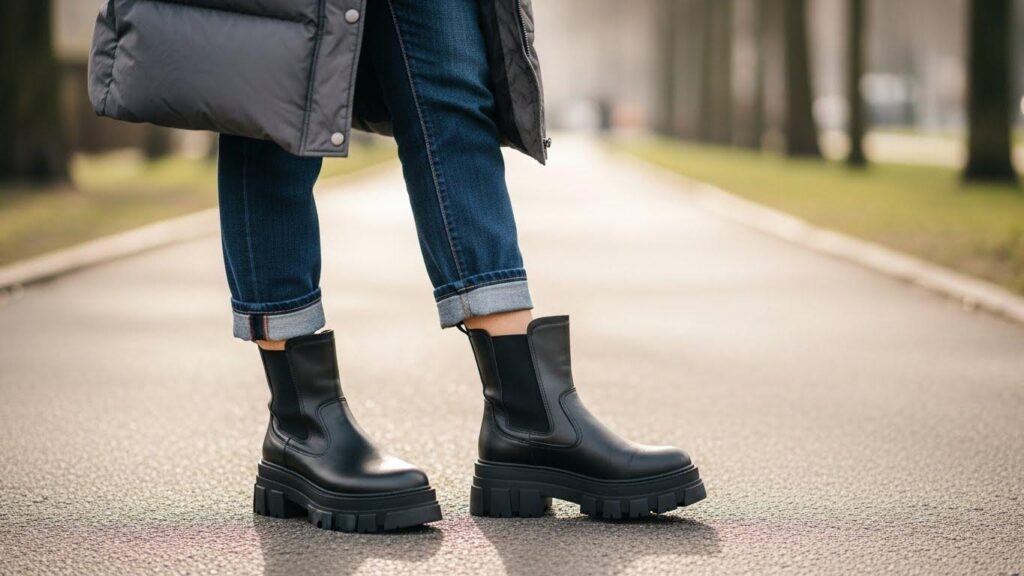 Kobieta w stylizacji z płaszczem puchowym i chunky boots