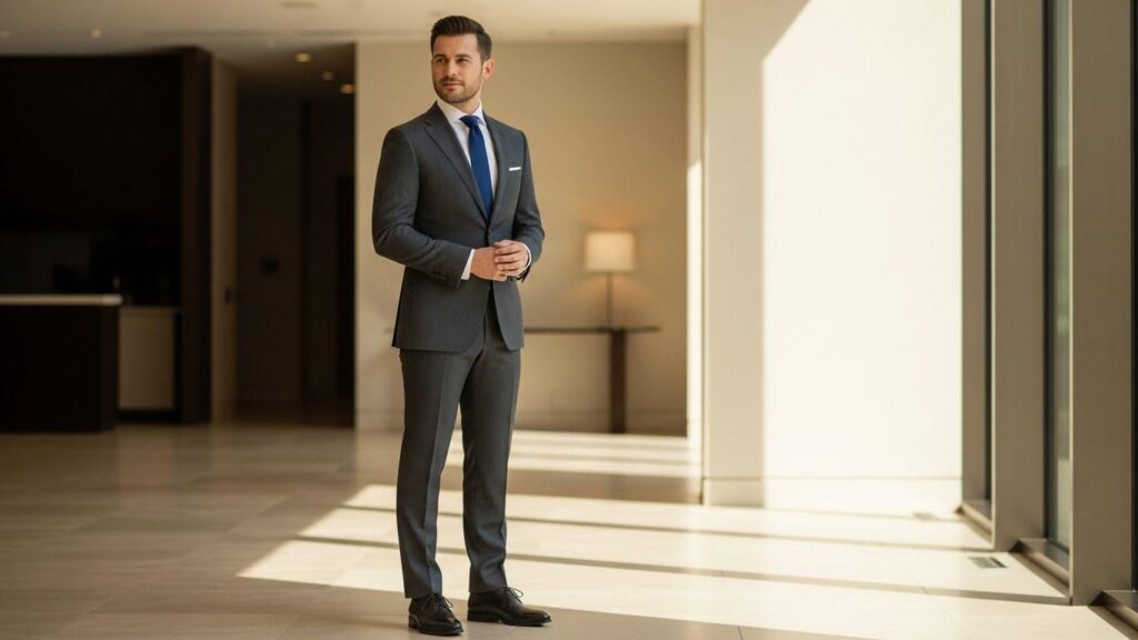 Mężczyzna w ciemnoszarym garniturze i czarnych oxfordach